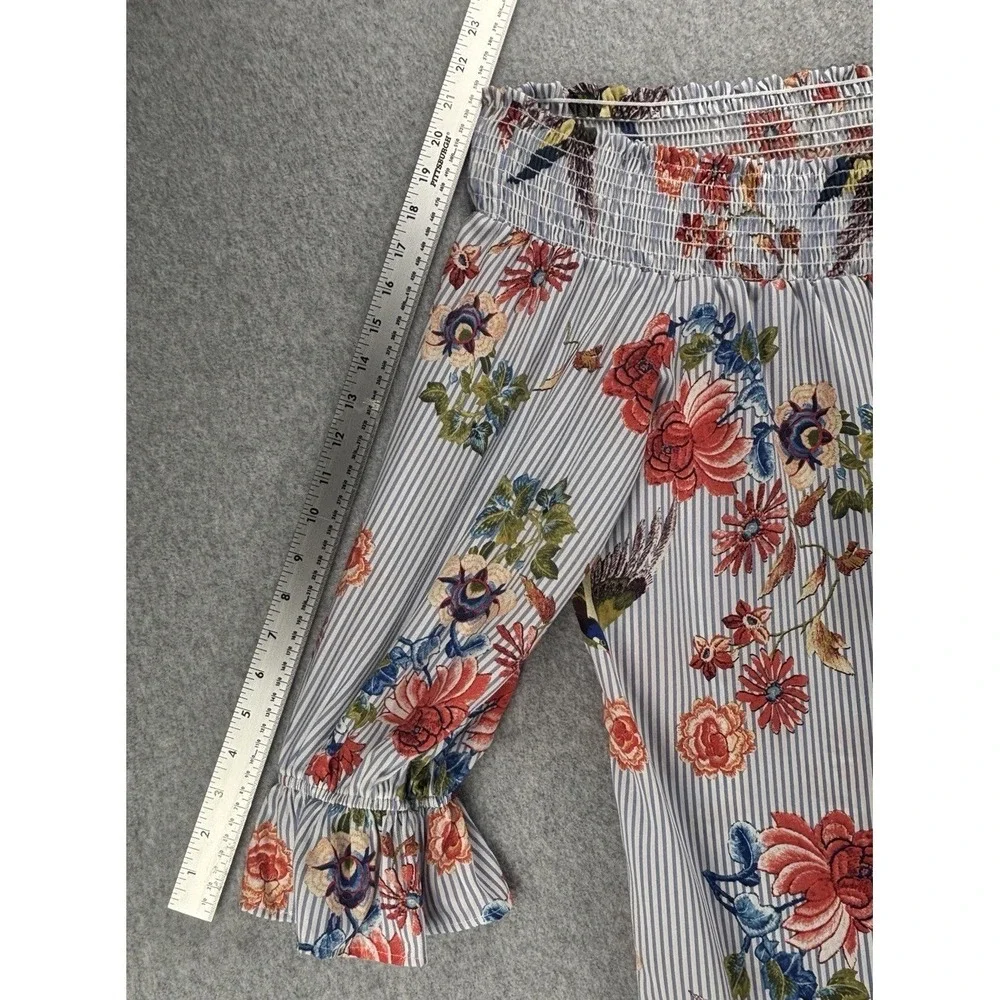 Soprano Off Shoulder Floral Bird Stripe Dress Bell Sleeve Smocked Boho M Romance